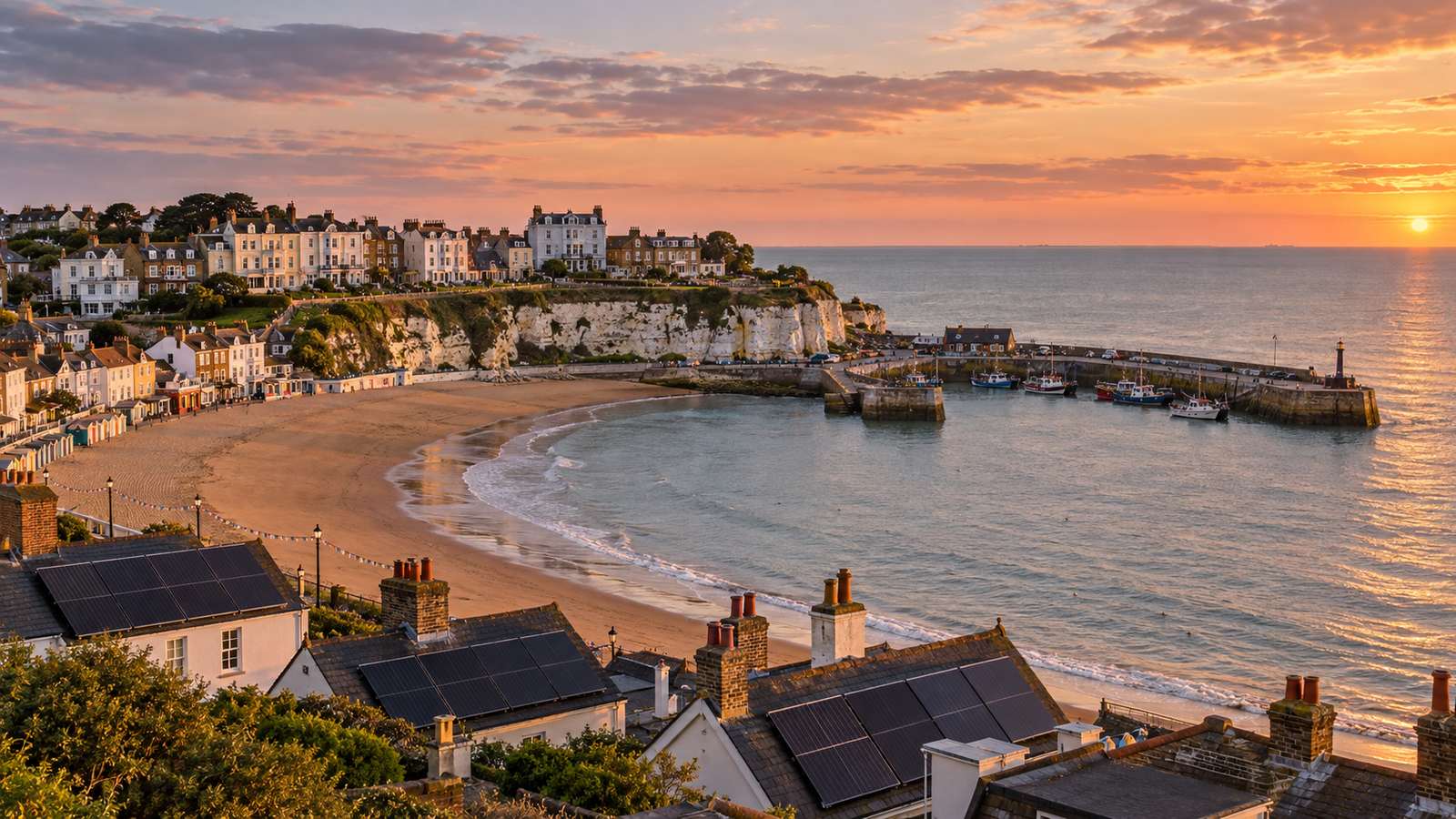 Viking Bay at sunset in Broadstairs, Kent, with bunting on the sand, the harbour jetty, chalk cliffs and cream Victorian terraces, and slate roofs with solar panels in the foreground